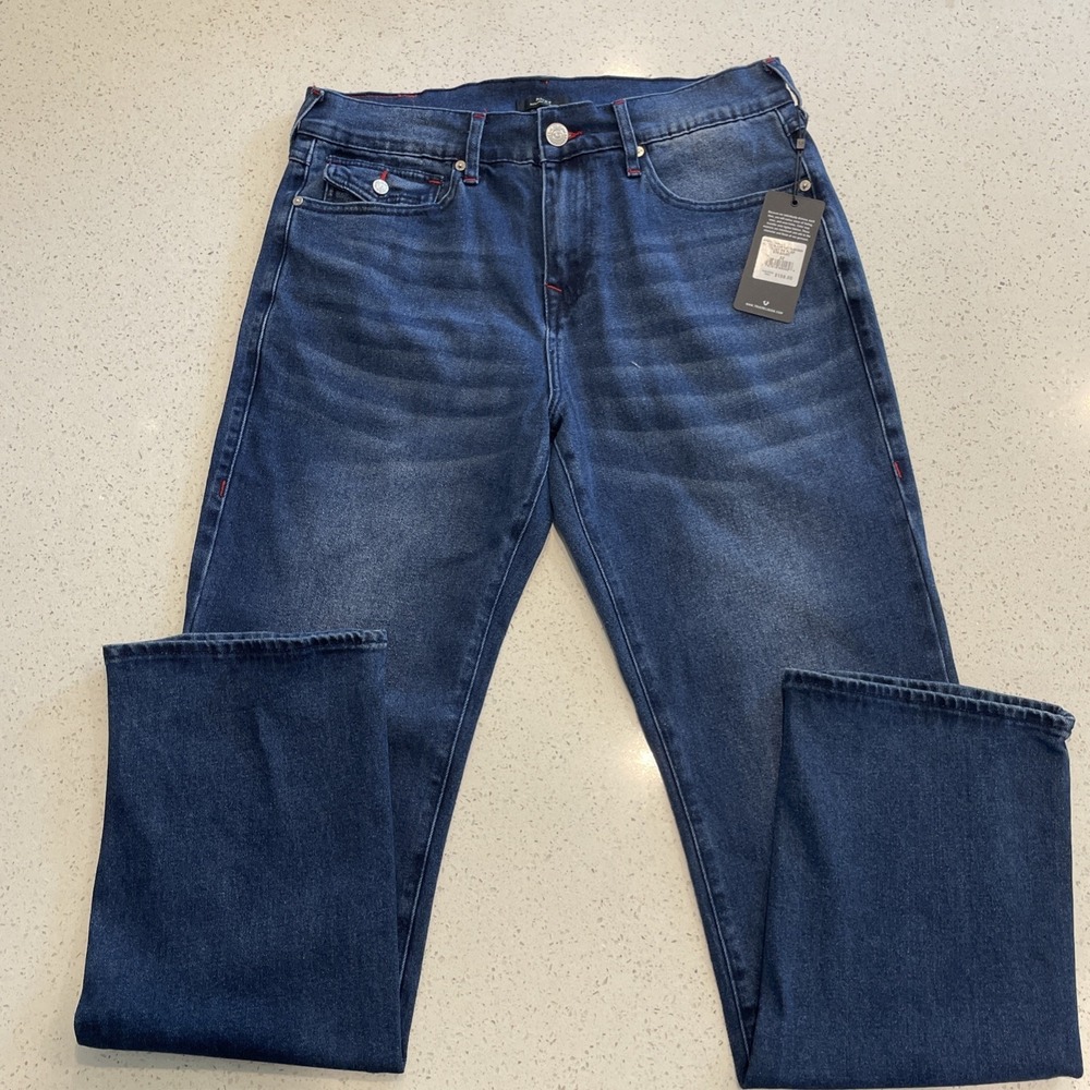 NWT True Religion Jeans Ricky Mens Size 32x34 No Flap SN Relaxed Straight Blue